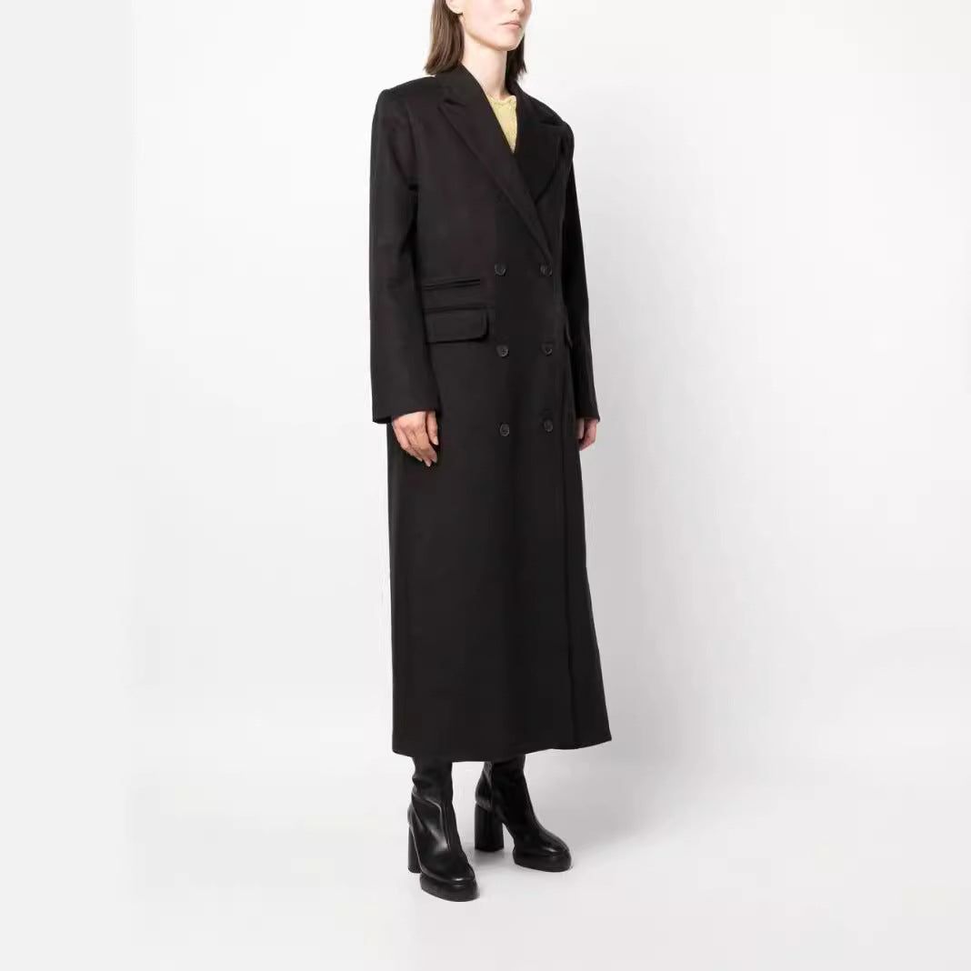 Damen Maxilanger Doppelreihiger Wollmix-Longcoat mit strukturierten Schultern und Pattentaschen Echoarchiv