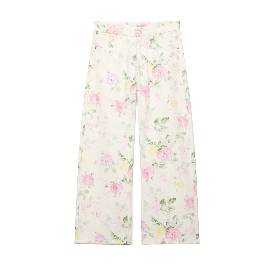 Damen Hochtaillierte weite Jeanshose mit zartem Blumenmuster und Fünftaschen-Schnitt Echo Archiv