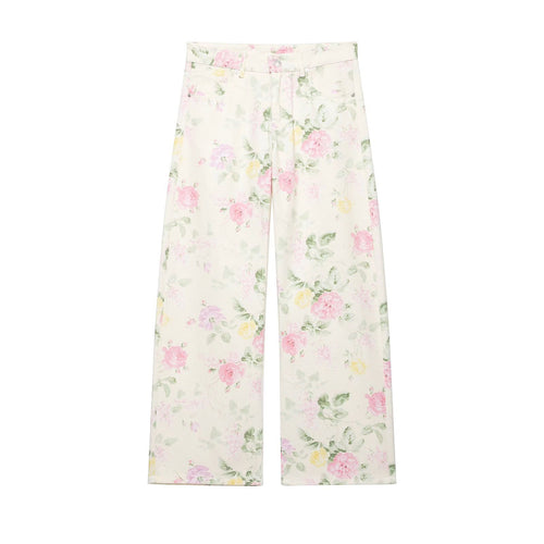 Damen Hochtaillierte weite Jeanshose mit zartem Blumenmuster und Fünftaschen-Schnitt Echo Archiv