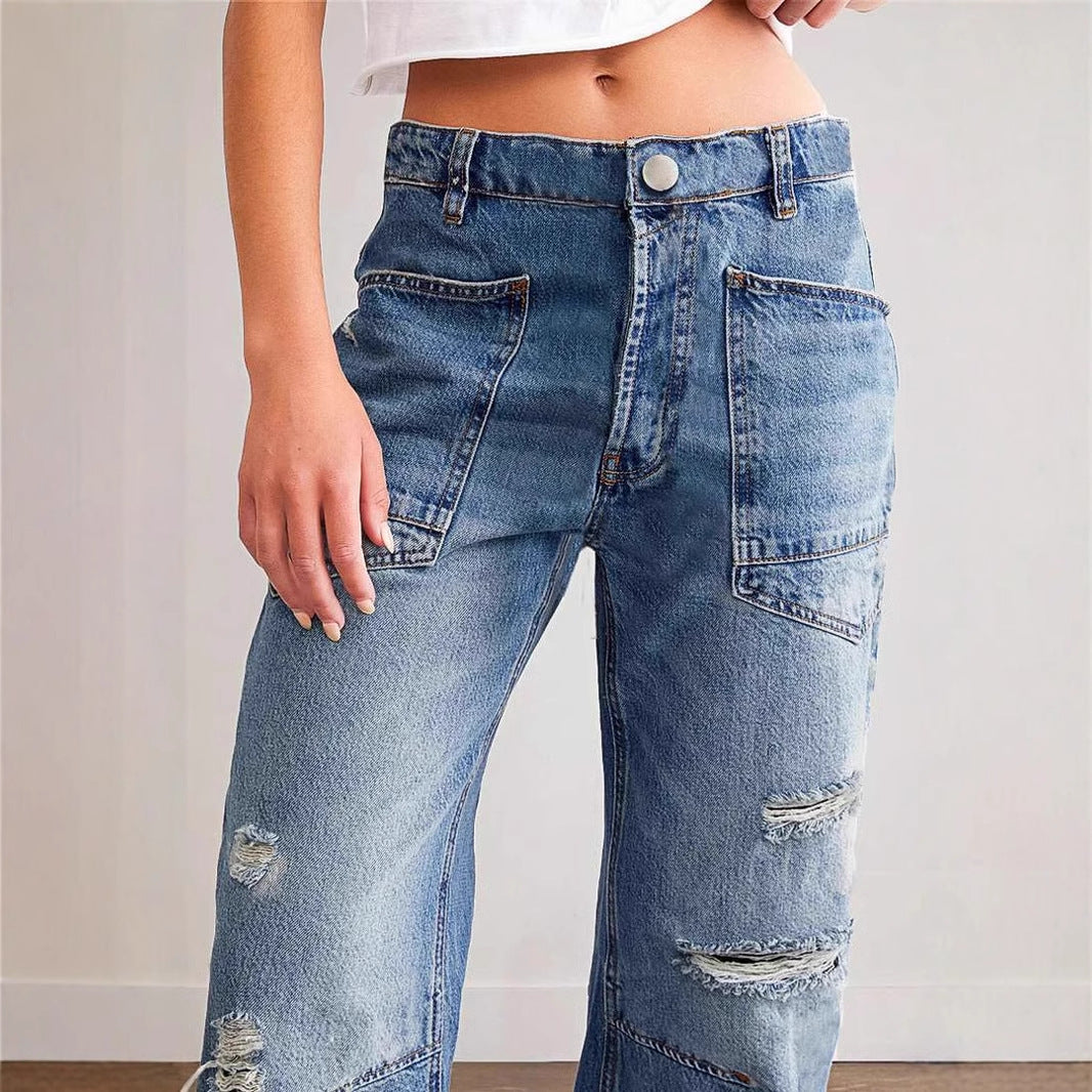 Damen nan oversized Straight-Leg-Jeans mit aufgesetzten Cargo-Taschen und Used-Effekten Echo Archiv