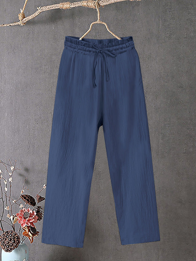 Damen Crinkle Leinenmischung Hose mit elastischem Kordelzug, gerade Beinform und lässiger Passform – Avélisse