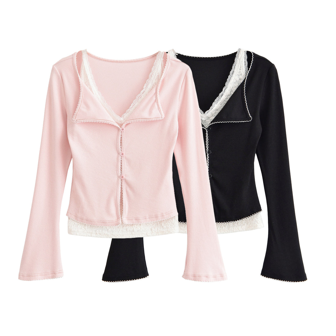 Damen Taillierter Buttoncardigan mit Spitzenbesatz und ausgestellten Ärmeln Echoarchiv
