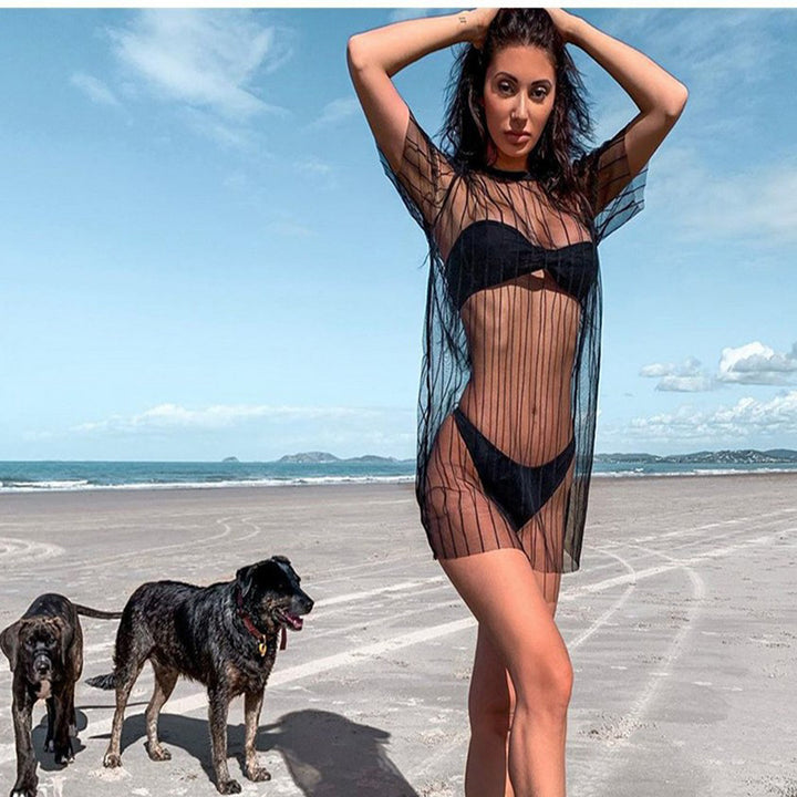Damen Transparente Strandtunika mit vertikalen Streifen und weit geschnittenem Design Echo Archiv
