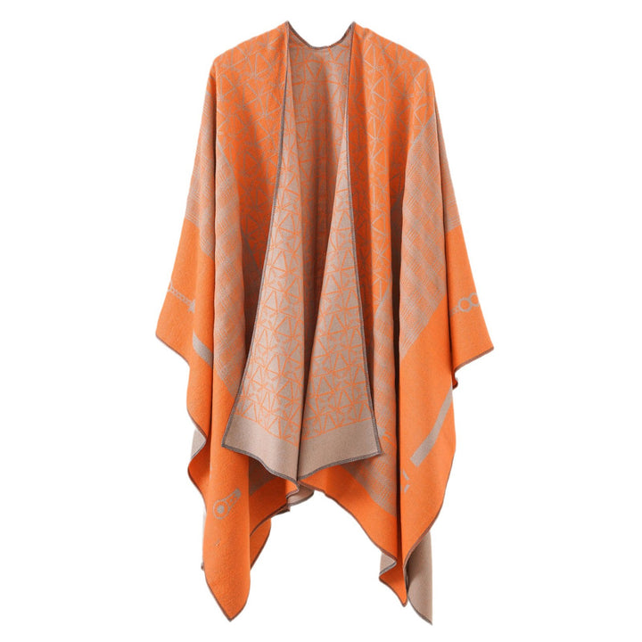 Damen Geometrisches Jacquard-Ruana-Cape aus Wollmix mit offener Kimono-Silhouette – Montévia