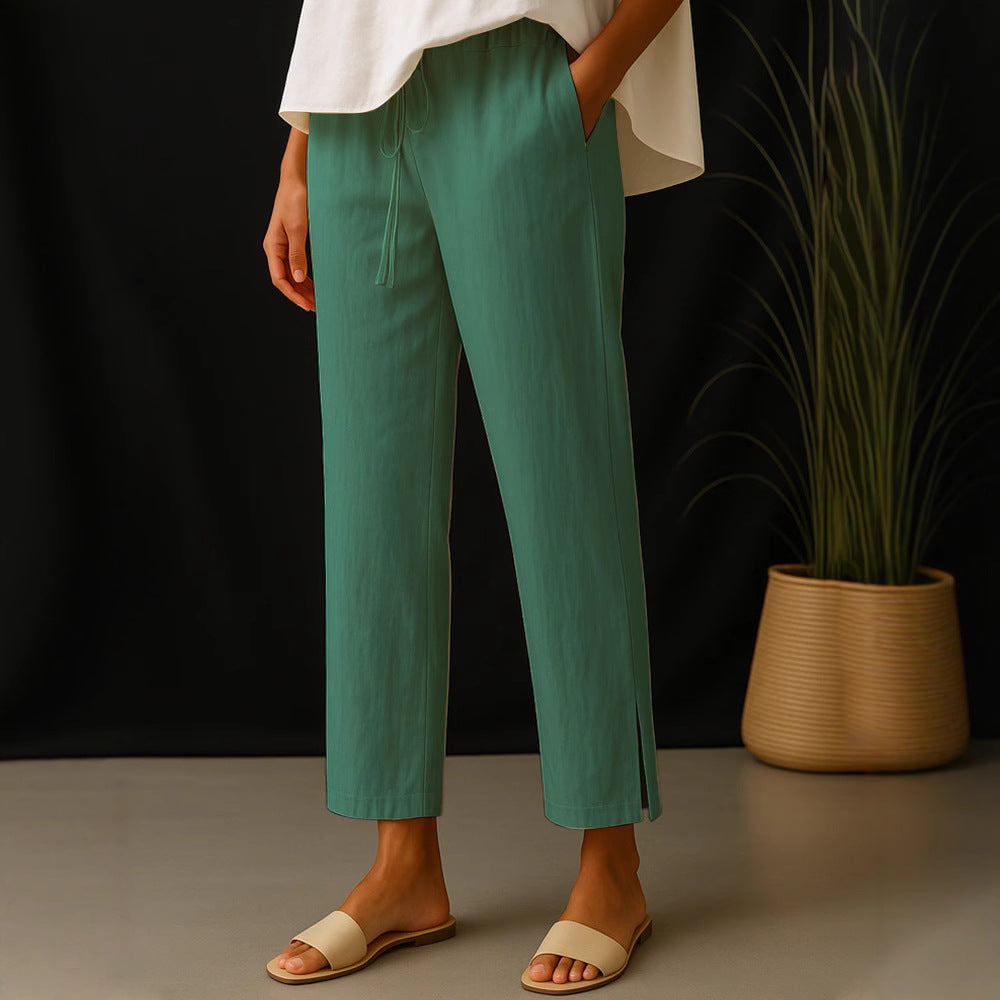 Damen Casual-Chino Leinenoptik Culotte mit elastischem Tunnelzugbund und Eingrifftaschen – Avélisse