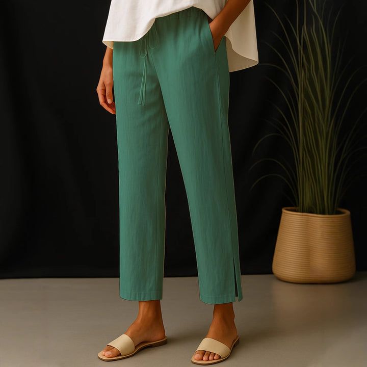 Damen Casual-Chino Leinenoptik Culotte mit elastischem Tunnelzugbund und Eingrifftaschen – Avélisse