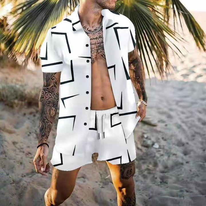 Herren Kurzarm Grafikdruck Sommer Hemd und Shorts Set Echoarchiv