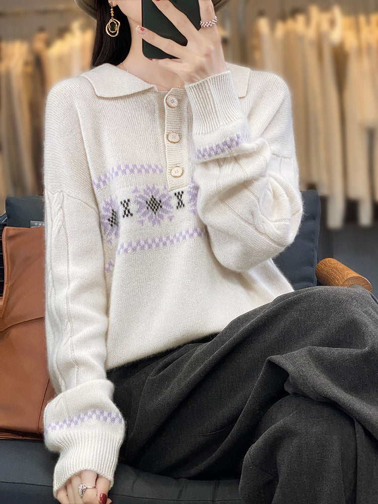 Damen Oversize-Polokragen-Strickpullover mit Norweger‑Motiv und Raglanärmeln Echoarchiv
