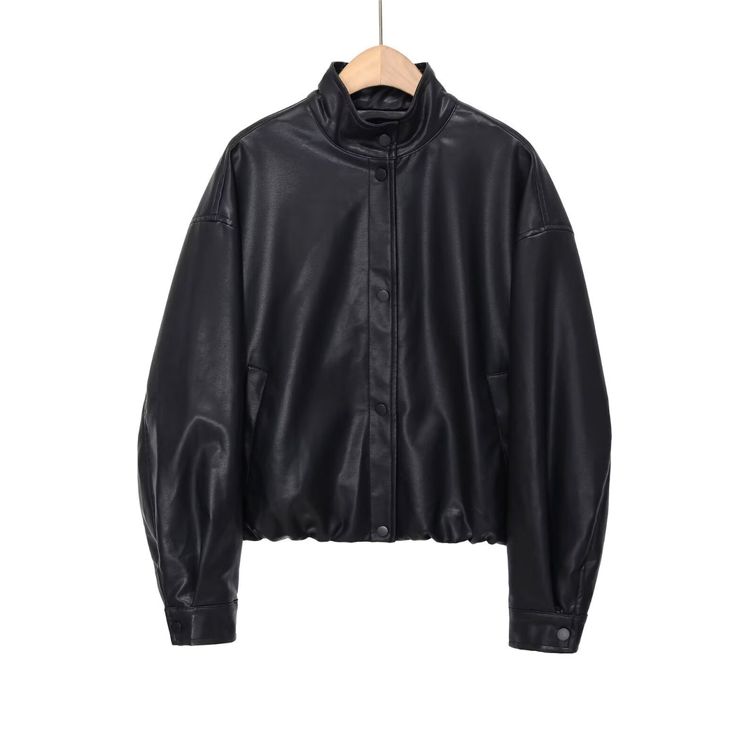 Damen kurze PU-Leder Bomberjacke mit Stehkragen, Druckknopfleiste und elastischem Saum – Avenza