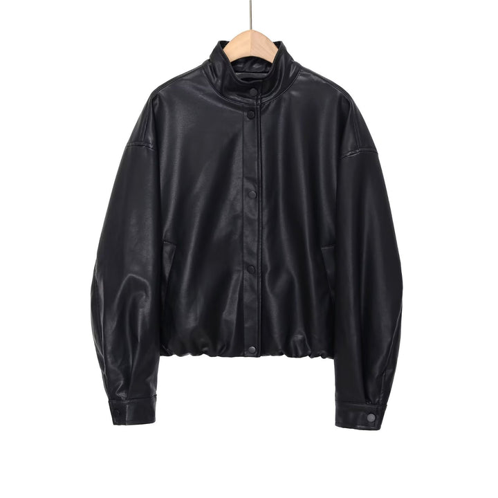 Damen kurze PU-Leder Bomberjacke mit Stehkragen, Druckknopfleiste und elastischem Saum – Avenza
