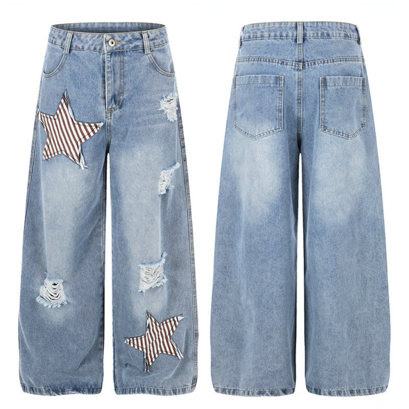 Damen weite hochgeschnittene Jeans mit Stern-Applikationen und Destroy-Effekt Echoarchiv