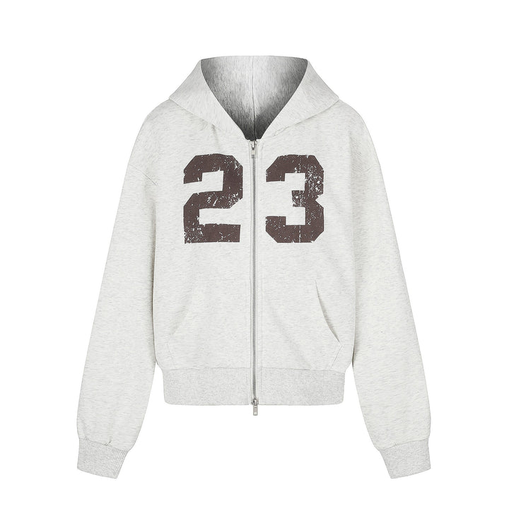 Damen Zip‑Hoodie im Boxy‑Schnitt mit Kängurutasche und Nummernprint Echoarchiv