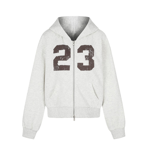 Damen Zip‑Hoodie im Boxy‑Schnitt mit Kängurutasche und Nummernprint Echoarchiv