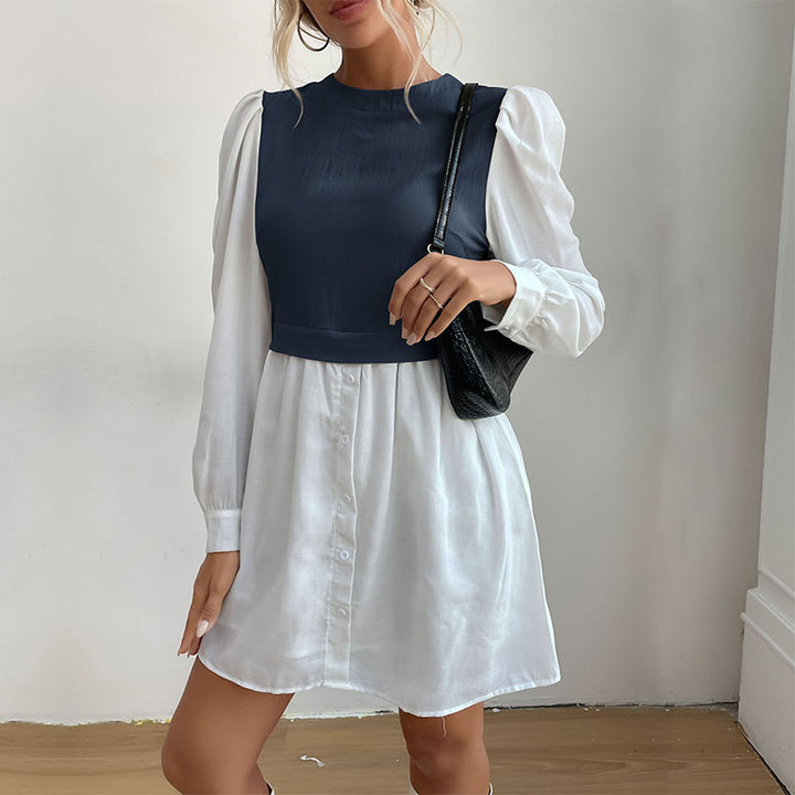 Damen Hemdblusenkleid mit eingesetzter kurzgeschnittener Weste, Puffärmeln und taillierter Silhouette Echoarchiv