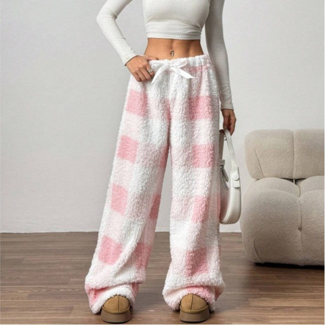 Damen nan kuschelige karierte Fleece-Hose mit Tunnelzugbund und weitem Bein Echo Archiv