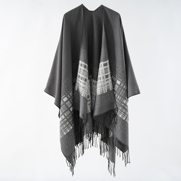 Damen Wollmix-Schulterponcho mit Jacquardmuster und Fransensaum Echo Archiv