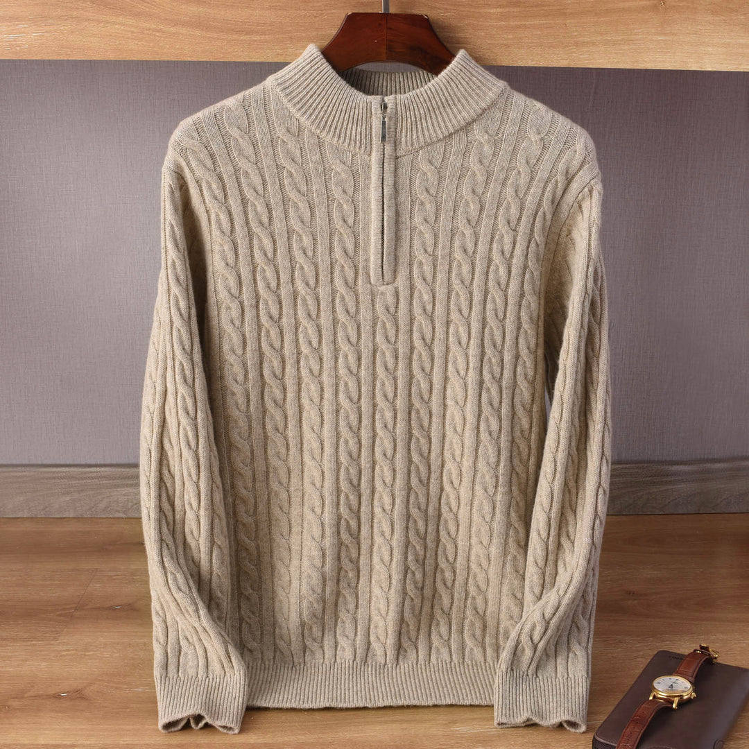 Herren Zopfmuster-Halbzip-Pullover aus weichem Wollmix mit Stehkragen Echoarchiv