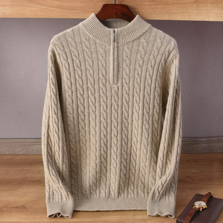 Herren Zopfmuster-Halbzip-Pullover aus weichem Wollmix mit Stehkragen Echoarchiv