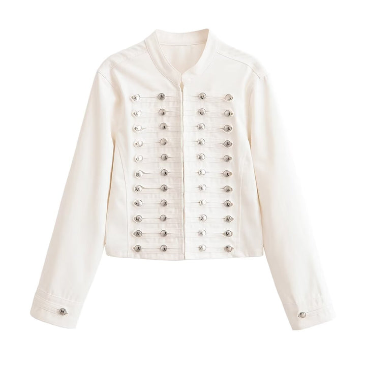 Damen Cropped Militärjacke mit Stehkragen und dekorativer Zierknopfleiste Echoarchiv