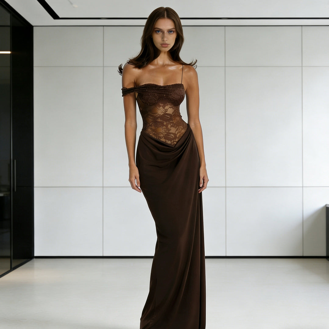 Damen Elegantes Abendkleid mit transparentem Spitzenoberteil und fließendem Rock Echo Archiv