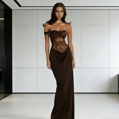 Damen Elegantes Abendkleid mit transparentem Spitzenoberteil und fließendem Rock Echo Archiv