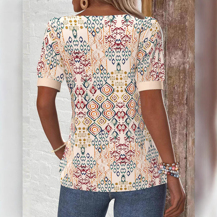 Damen nan Boho-Print Kurzarmshirt mit eckigem Ausschnitt, Kontrastblende und abgerundetem Saum Echo Archiv