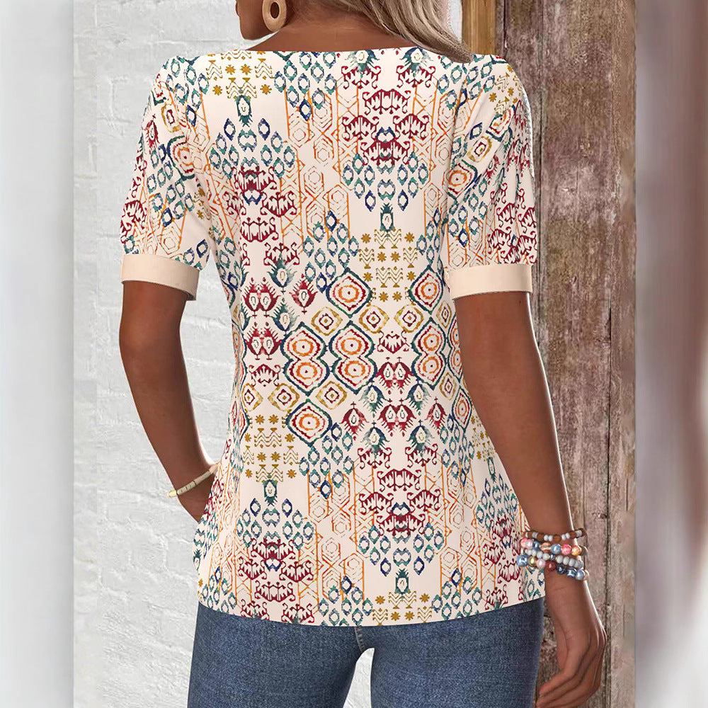 Damen nan leichtes Boho-Blusenshirt mit quadratischem Ausschnitt, Zierknopfleiste und geschwungenem Saum Echo Archiv