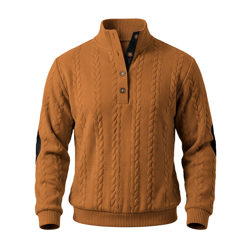 Herren Troyer-Pullover mit Zopfmuster, Ellbogen‑Patches und kontrastierter Knopfleiste Echoarchiv