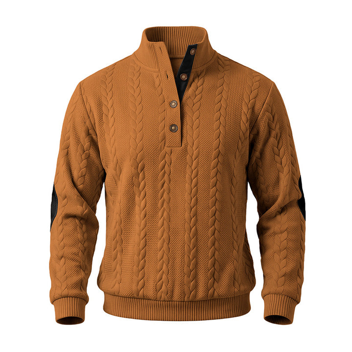 Herren Troyer-Pullover mit Zopfmuster, Ellbogen‑Patches und kontrastierter Knopfleiste Echoarchiv