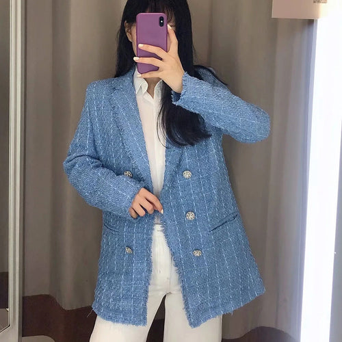 Damen Doppelreihiger Bouclé-Tweed-Blazer mit Fransenbesatz Echoarchiv