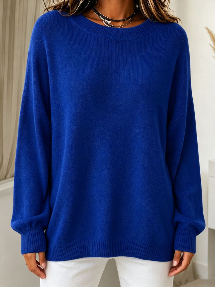 Damen Leichter Cashmere‑Touch Pullover mit Rundhalsausschnitt, überschnittener Schulter und gerippten Bündchen – Mavelle