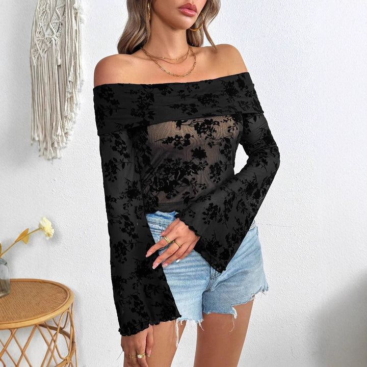Damen nan schulterfreies Netz-Top mit floraler Samtflock-Applikation, bauchfreiem verkürztem Schnitt und Trompetenärmeln Echo Archiv