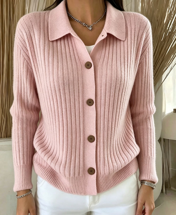Damen Feiner gerippter Knopf‑Cardigan mit Hemdkragen und kastiger Silhouette – Veloura