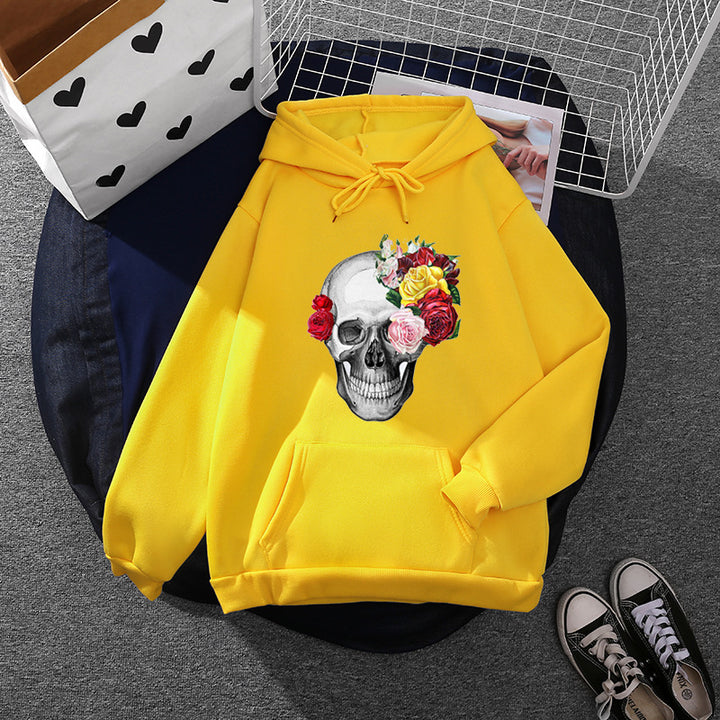 Unisex Kapuzenpullover mit floraler Totenkopf-Illustration, Oversize-Fit und French-Terry-Qualität – Auréline