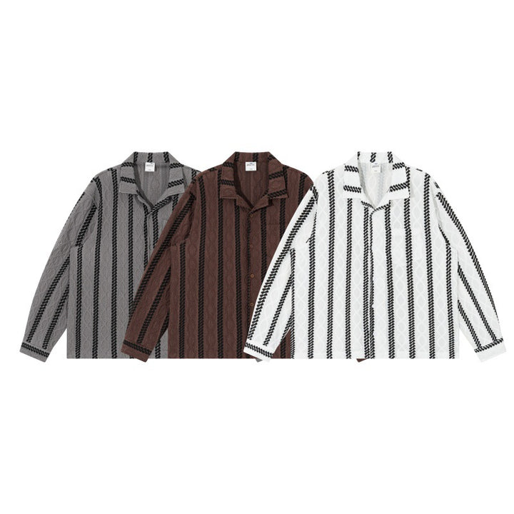 Unisex Leichte Hemdjacke mit Camp-Kragen, Relaxed‑Fit und vertikalem Zopfstreifenmuster Echoarchiv