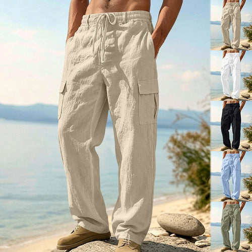 Herren nan entspannt geschnittene Strand-Cargohose aus Leinenblend mit elastischem Tunnelzug und zweifacher Klapptasche Echo Archiv