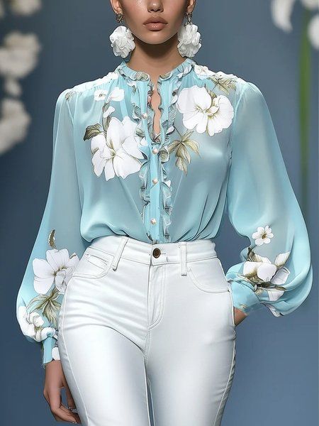 Damen Seidenbluse mit Rüschenblende und floraler Applikation – Élovi