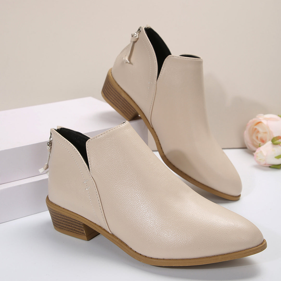 Damen Metallic-Ankleboots mit spitzer Kappe, Rückreißverschluss und niedrigem Blockabsatz Echoarchiv