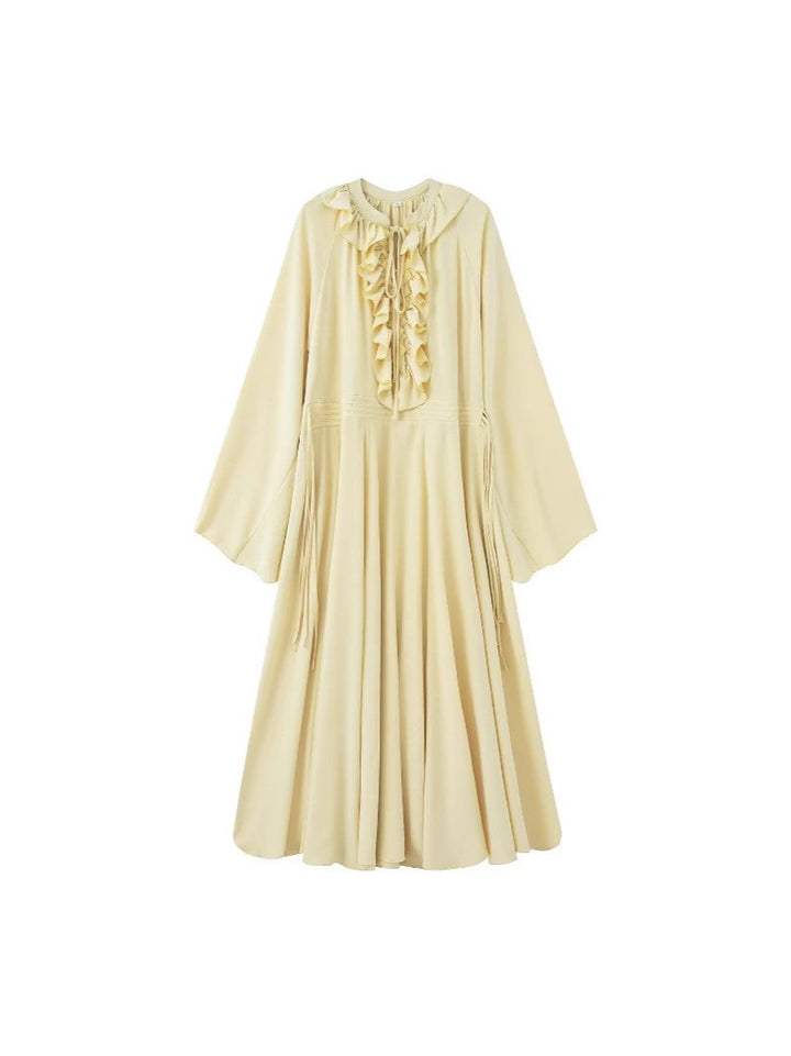 Damen Maxikleid mit Volants, Bindekragen und weitem Glockenärmel Echo Archiv