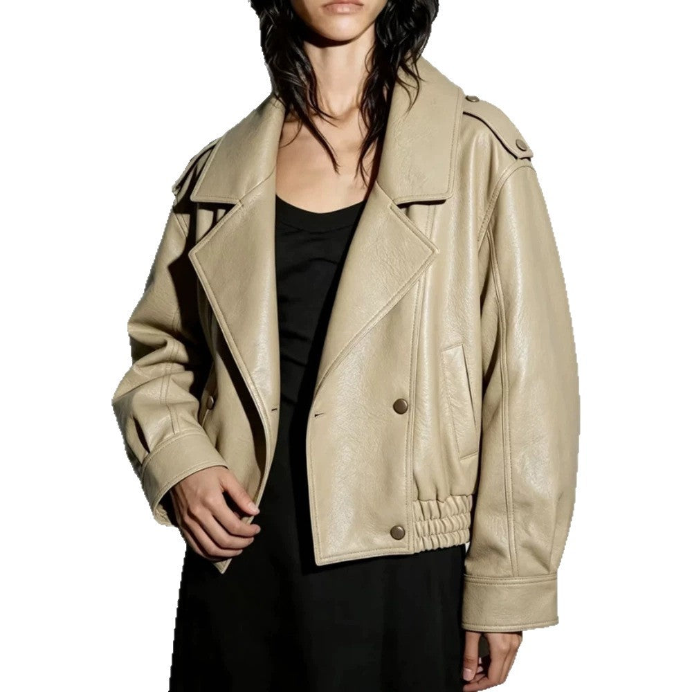 Damen Oversize Lederimitat-Blouson mit doppelreihiger Knopfleiste, weitem Revers und elastischem Saum Echoarchiv