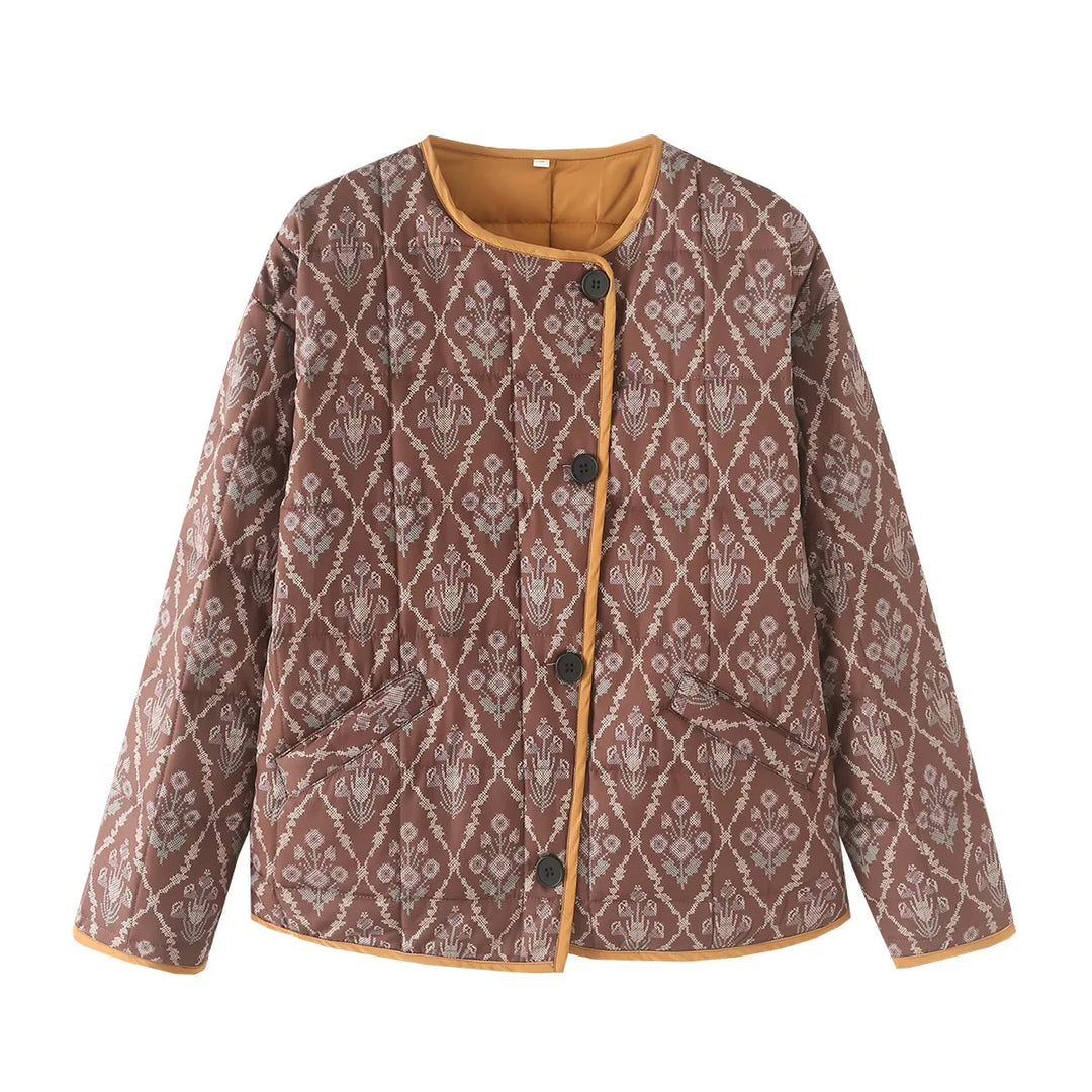 Damen leichte gesteppte Jacquard-Steppjacke mit Rundhalsausschnitt, Kontrastpaspel und aufgesetzten Klappentaschen – Célinea