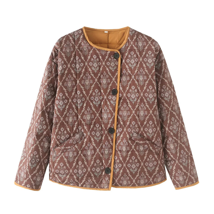 Damen leichte gesteppte Jacquard-Steppjacke mit Rundhalsausschnitt, Kontrastpaspel und aufgesetzten Klappentaschen – Célinea