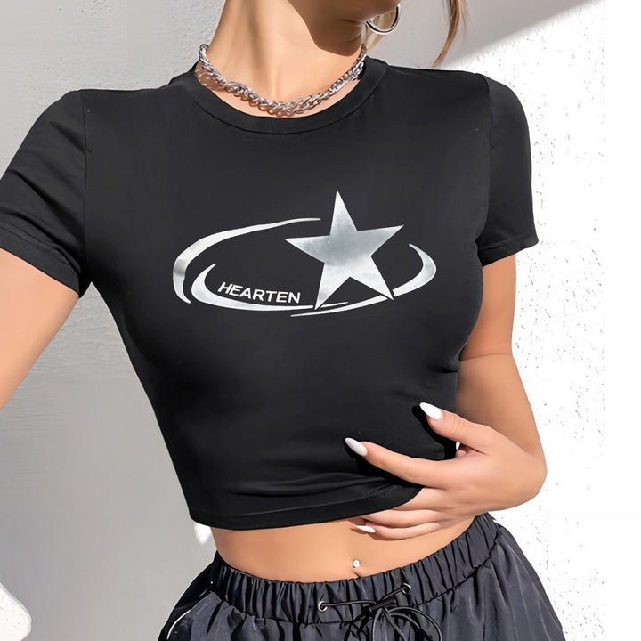 Damen Crop-T-Shirt mit glänzendem Sternmotiv und figurbetontem Schnitt Echo Archiv