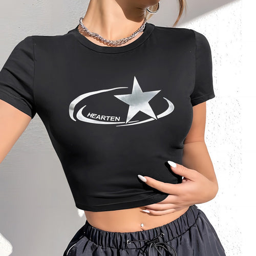 Damen Crop-T-Shirt mit glänzendem Sternmotiv und figurbetontem Schnitt Echo Archiv