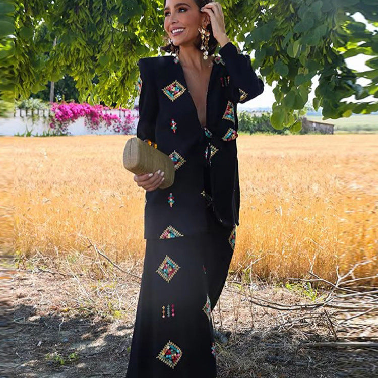 Damen Zweiteiliger Jacquard-Anzug mit Taillenschleife und weitem Bein Echoarchiv
