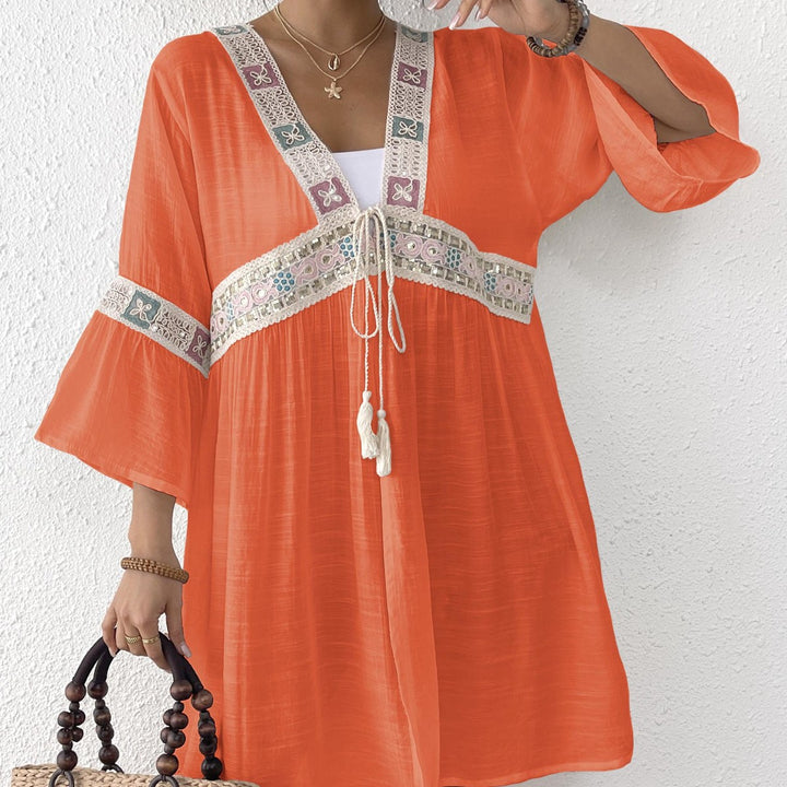 Damen luftiger Strandkimono mit floralen Stickereien Echo Archiv