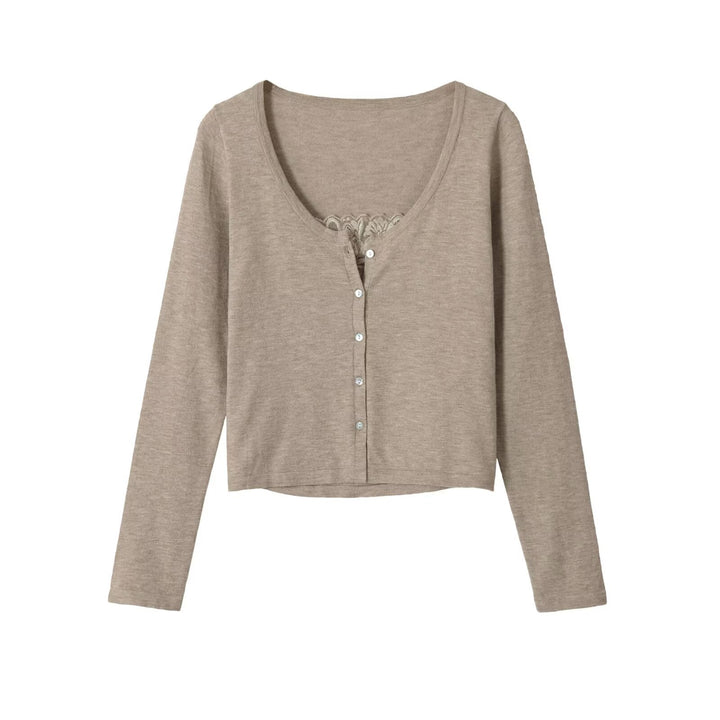 Damen Feine Knopfjacke mit Spitzen-Detail und U-Boot-Ausschnitt Echo Archiv