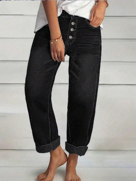 Damen High‑Waist Relaxed-Fit Jeans im Boyfriend-Stil mit Sichtbarer Knopfleiste und Aufgekrempeltem Saum Echo Archiv