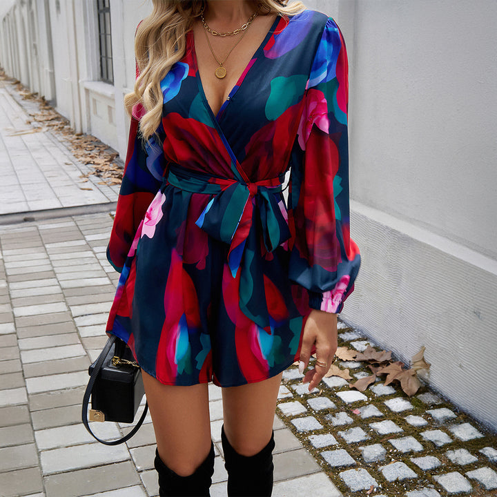 Damen Wickelmini-Kleid mit V-Ausschnitt, tailliertem Bindegürtel und ballonärmeln – Élara
