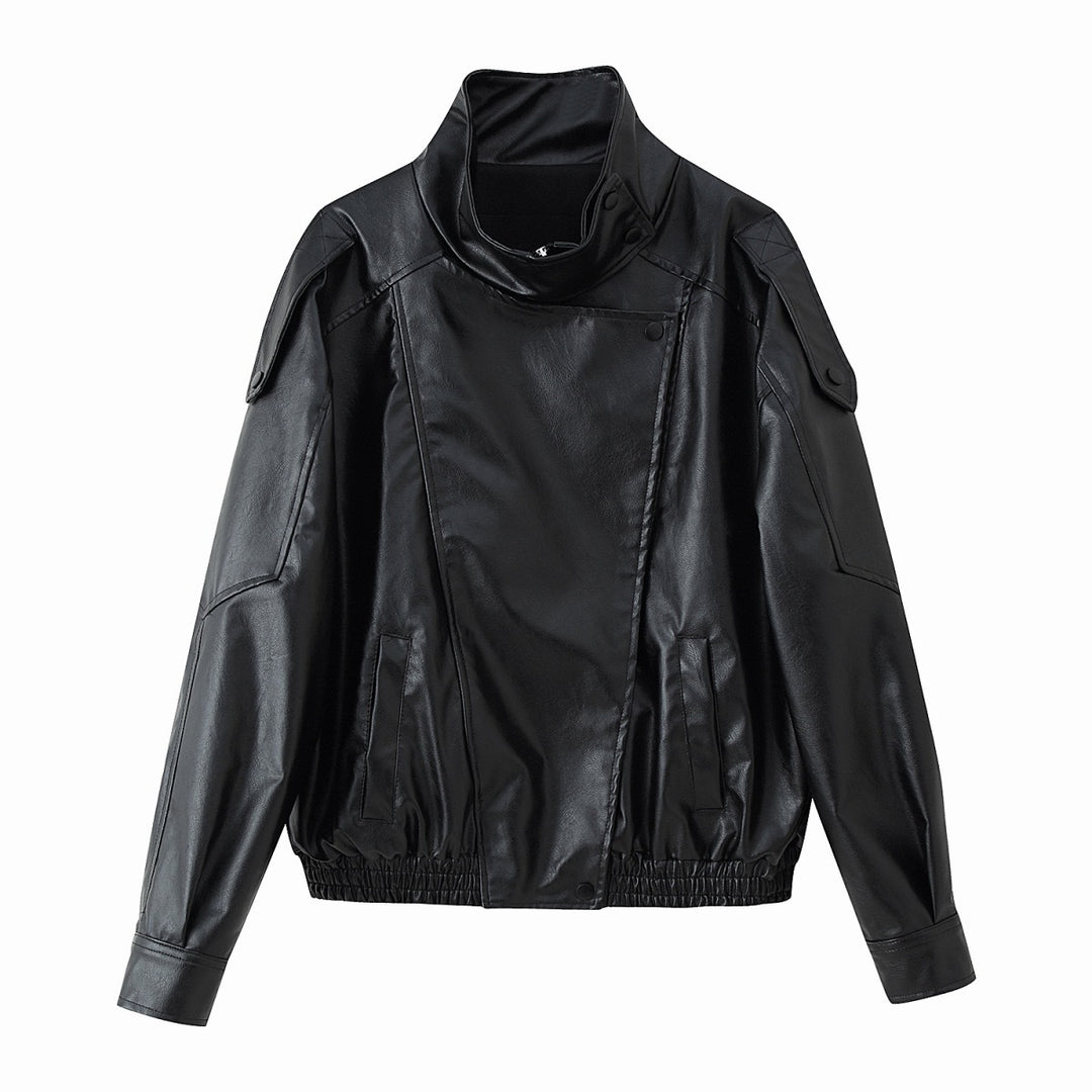 Damen nan oversize Kunstlederblouson mit hohem Stehkragen, asymmetrischer Druckknopfleiste, Schulterklappen und elastischem Saum Echo Archiv